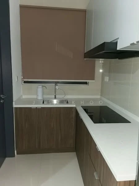 Kitchen features: single-bowl stainless-steel sink, chrome pull-down faucet, white quartz countertop, brown wooden cabinetry, built-in induction hob, exhaust hood, cream tiled backsplash, window with roller blinds, light-colored floor tiles, recessed downlights; style: modern.