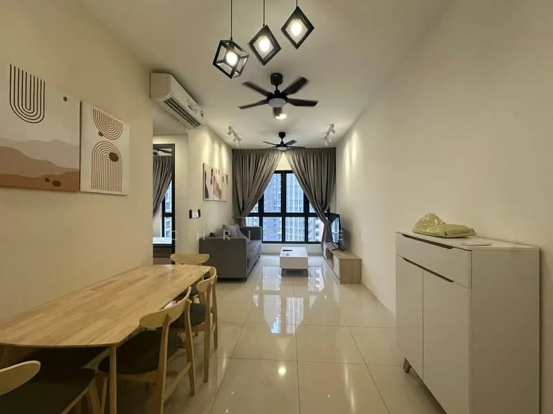 Living features: floor-to-ceiling windows, grey fabric sofa, coffee table, TV console, wall-mounted TV, dining table with 6 chairs, white sideboard, 5-blade ceiling fan with light, recessed LED downlights, cream painted walls, glossy tile flooring, curtains, decorative wall art; style: modern; view: city.