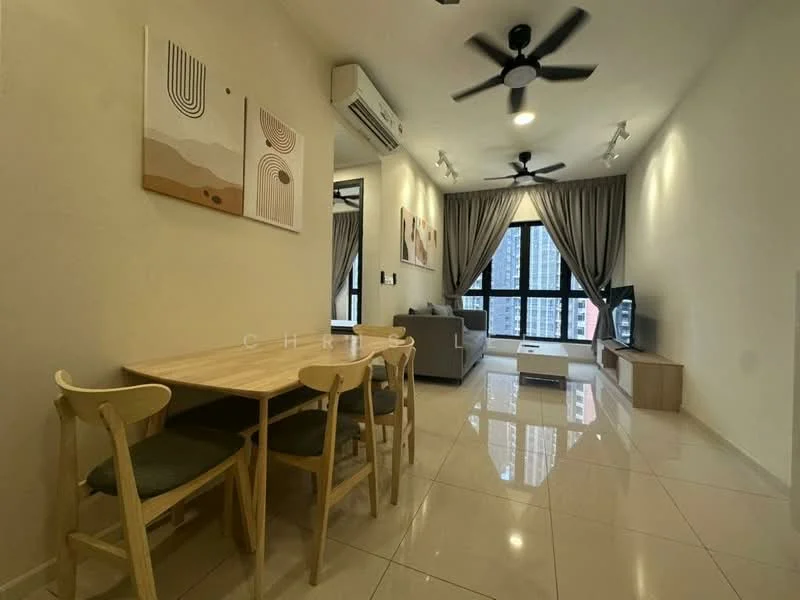 Living features: cream painted walls, glossy tile flooring, 5-blade ceiling fan with light, recessed LED downlights, floor-to-ceiling windows, grey fabric sofa, wooden coffee table, TV console, dining table with 4 chairs, curtains, wall-mounted TV, decorative wall art; style: modern; view: city.