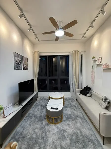 Living features: 3-seater fabric sofa in light color, coffee table with round top, TV console with storage, wall-mounted TV, area rug with plush texture, 5-blade ceiling fan with integrated LED light, floor-to-ceiling windows, sheer curtains, decorative wall shelves, framed artwork on walls; style: modern.