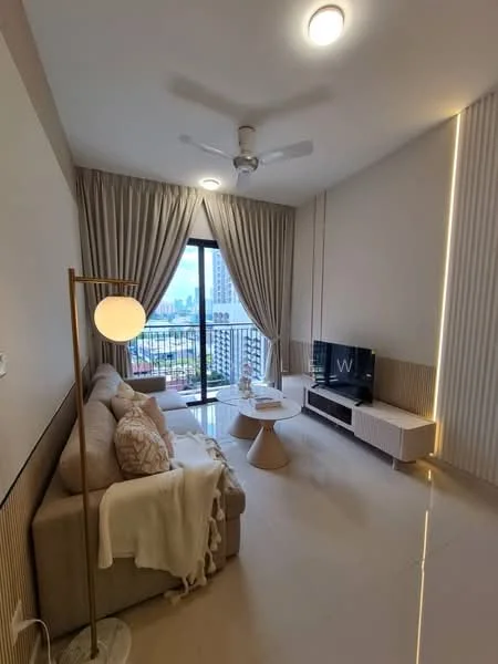 Living features: 3-seater fabric sofa in beige, floor lamp with round shade, coffee table in light wood, TV console in white, wall-mounted TV, curtains in light fabric, ceiling fan with light, recessed LED downlights, decorative cushions, wall paneling with vertical lines, large sliding glass door, view of city skyline; style: modern; view: city.