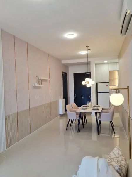 Dining features: light-colored dining table, 4 upholstered dining chairs in light pink, pendant light fixture, white walls with pink accent wall, recessed ceiling lights, polished tile flooring, decorative wall shelf, air conditioning unit on wall, floor-to-ceiling windows, neutral-colored decorative throw on sofa; style: modern.