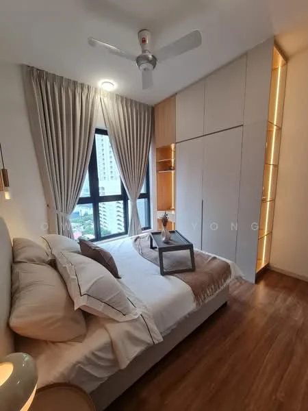 Bedroom features: queen-size bed with beige bedding, upholstered headboard, wooden bedside table, table lamp, built-in wardrobe with sliding doors, floor-to-ceiling window, curtains, wooden flooring, ceiling fan with light, decorative wall shelving; style: modern; view: city.