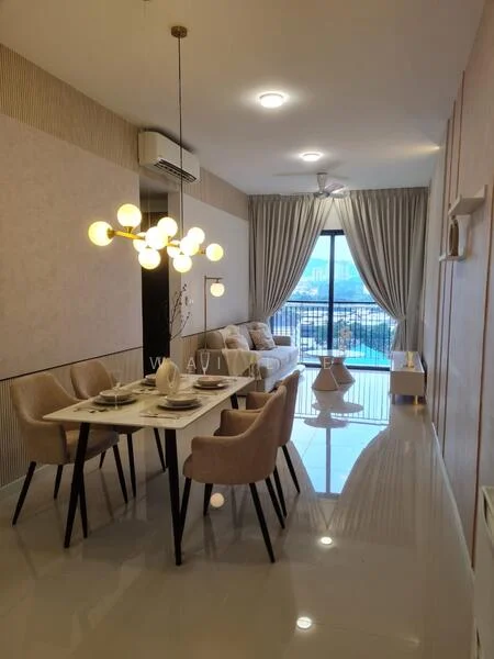 Dining features: 6-seater dining table, upholstered dining chairs, chandelier with multiple bulbs, white walls with wood paneling, polished tile flooring, floor-to-ceiling windows, curtains, wall-mounted air conditioning unit, decorative wall art, open layout to living area; style: modern; view: city. Living features: sofa, coffee table, area rug, TV console, wall-mounted TV, floor-to-ceiling windows, curtains; style: modern; view: city.