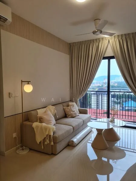 Living features: 3-seater fabric sofa in beige, coffee table with glass top, floor lamp with white shade, ceiling fan, floor-to-ceiling windows, curtains in light fabric, wall with wood paneling, glossy tile flooring; style: modern; view: city.