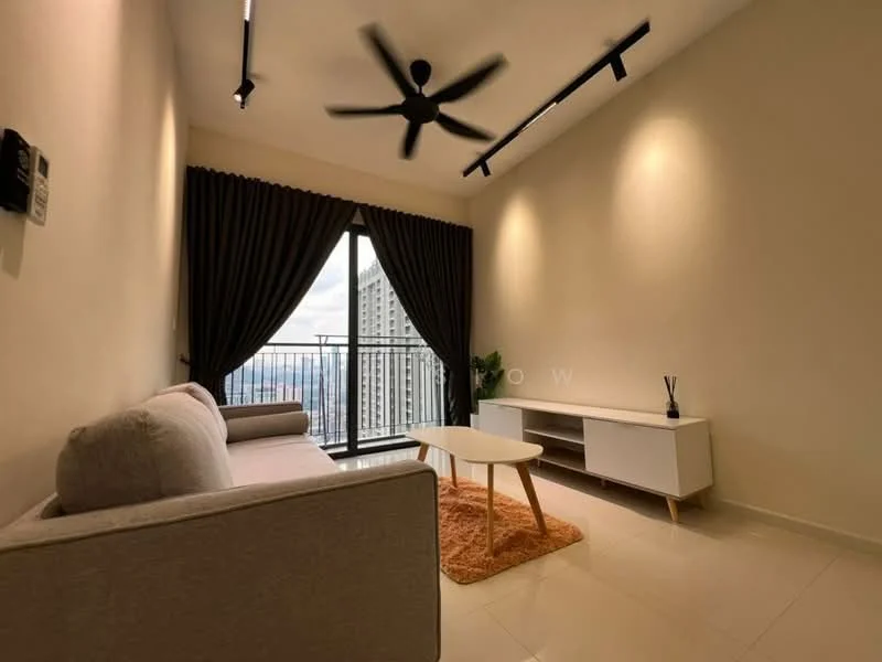 Living features: 3-seater fabric sofa in light grey, coffee table, TV console in white, area rug in orange, floor-to-ceiling windows, blackout curtains, recessed downlights, 5-blade ceiling fan with light, cream painted walls, glossy tile flooring; style: modern; view: city.