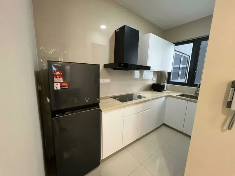 Kitchen features: black fridge, white cabinetry, light wood countertop, black built-in hood, stainless-steel sink, single-bowl stainless-steel sink, ceramic tile flooring, wall-mounted cabinets, window with black frame, built-in cooktop; style: modern.