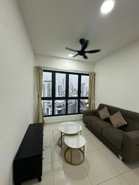Living features: 3-seater fabric sofa in grey, 2 coffee tables with white tops and gold legs, black TV console, floor-to-ceiling windows, sheer curtains, ceiling fan with light, white painted walls, glossy tile flooring, city view; style: modern; view: city.