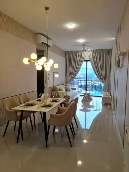 Dining features: 6-seater dining table, upholstered dining chairs, chandelier with multiple bulbs, floor-to-ceiling windows, curtains, white walls with wood paneling, polished tile flooring, air conditioning unit, decorative wall features, view of city skyline; style: modern; view: city.