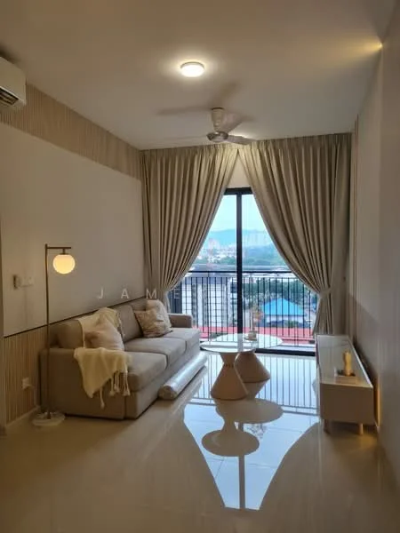 Living features: 3-seater fabric sofa in beige, floor-to-ceiling windows, sheer curtains, light-colored wall with wood paneling, recessed downlights, ceiling fan, white TV console, decorative coffee table, polished tile flooring, decorative vase, area rug; style: modern; view: city.