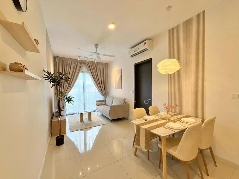 Dining features: 6-seater dining table, upholstered dining chairs, pendant lamp, white walls, light grey flooring, decorative wall shelf, houseplants in ceramic pots, recessed downlights; style: modern; view: city. Living features: 3-seater fabric sofa in light grey, coffee table, floor-to-ceiling windows, curtains, air conditioning unit, decorative artwork, light grey accent wall; style: modern; view: city.