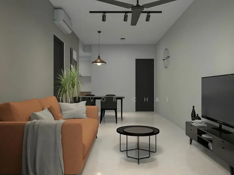 Living features: orange fabric sofa, coffee table with black metal frame, wall-mounted TV, TV console with storage, 5-blade ceiling fan with light, recessed downlights, cream painted walls, light-colored flooring, decorative wall clock, indoor plant in ceramic pot, dining table with black chairs, black door, open shelving unit; style: modern.