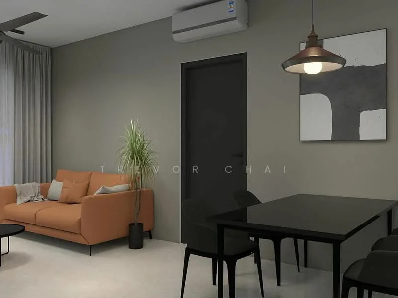 Living features: orange fabric sofa, black round coffee table, black dining table, black dining chairs, floor-to-ceiling windows with sheer curtains, wall-mounted split AC, light fixture with pendant lamp, abstract wall art, potted plant, grey painted walls, light-colored flooring; style: modern.