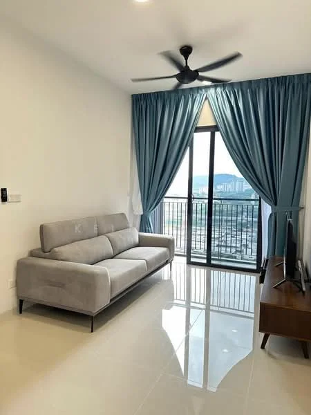 Living features: 3-seater fabric sofa in grey, floor-to-ceiling windows, sheer curtains, blackout curtains, ceiling fan, polished tile flooring, TV console, wall-mounted TV, decorative wall, city view; style: modern; view: city.