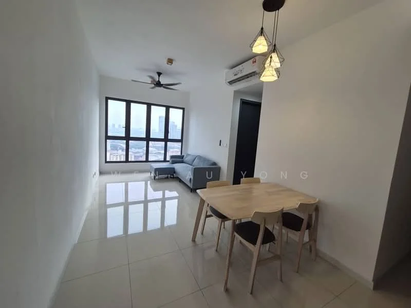 Living features: grey fabric sofa, 4-seater dining table, white painted walls, glossy tile flooring, 5-blade ceiling fan with light, floor-to-ceiling windows, city view, air conditioning unit; style: modern; view: city.