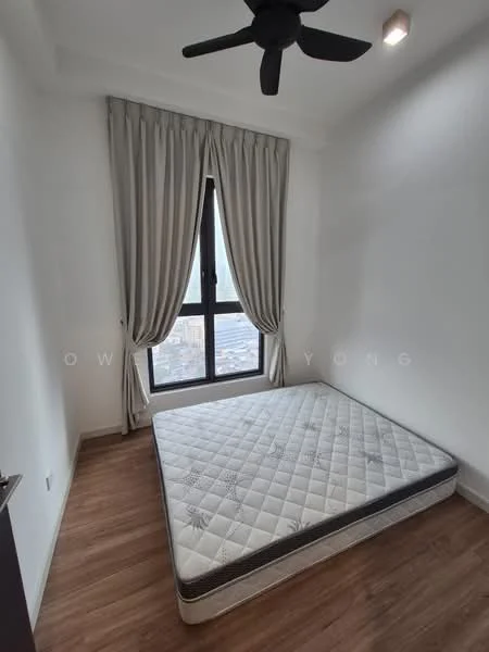 Bedroom features: wooden flooring, white painted walls, floor-to-ceiling window, blackout curtains, 5-blade ceiling fan, single bed mattress, decorative light fixture, city view; style: modern; view: city.