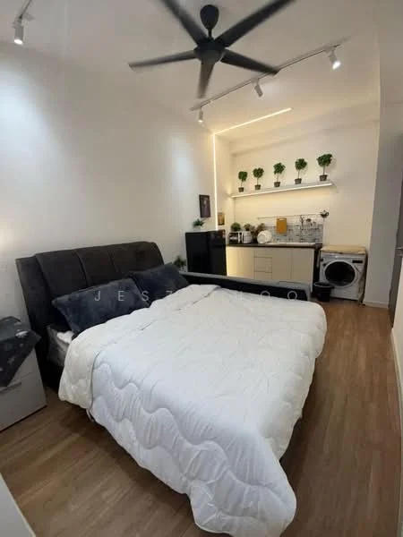 Bedroom features: king-size bed with upholstered headboard, white bedding, 5-blade ceiling fan, wooden flooring, wall-mounted shelves with potted plants, kitchenette with sink, black refrigerator, washing machine, recessed LED downlights, decorative wall art, nightstand, decorative pillows; style: modern.