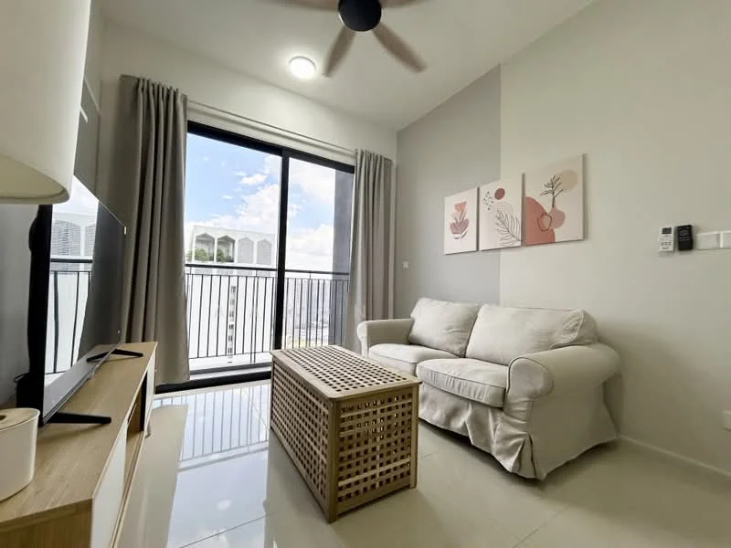Living features: 3-seater fabric sofa in light beige, wooden coffee table with woven design, floor-to-ceiling sliding glass door, curtains in light grey, wall-mounted TV, light ceiling fan, recessed downlights, glossy tile flooring, decorative wall art with floral designs, white painted walls; style: modern; view: city.