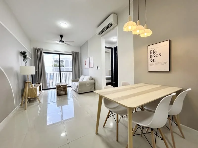 Living features: white painted walls, glossy tile flooring, 5-blade ceiling fan with light, floor-to-ceiling windows, sliding glass door, sheer curtains, dining table with light wood finish, 4 white dining chairs, light grey sofa, decorative wall art, plant in ceramic pot, coffee table, air conditioning unit; style: modern; view: city.