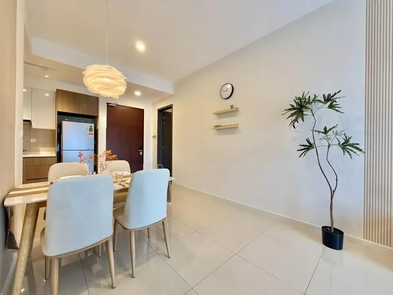 Dining features: dining table with four chairs, pendant light fixture, white walls, tile flooring, wall clock, decorative plant in pot, open shelving on wall, refrigerator visible in background; style: modern.