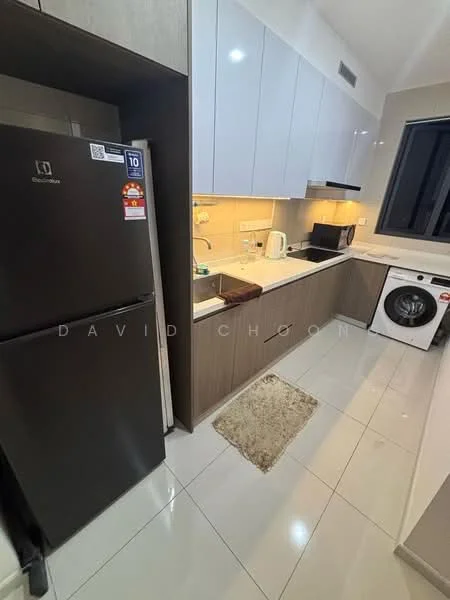 Kitchen features: stainless-steel fridge, built-in oven, white quartz countertop, white upper cabinets, wood lower cabinets, single-bowl stainless-steel sink, chrome pull-down faucet, ceramic tile backsplash, washing machine, recessed downlights, white tile flooring, area rug, window with black frame; style: modern.