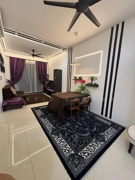 Dining features: dining table, 4 dining chairs, black area rug with white pattern, white painted walls, black accent stripes on walls, purple curtains, floor-to-ceiling windows, ceiling fan, pendant light, decorative plants on wall shelves, sofa bed, polished tile flooring; style: modern.