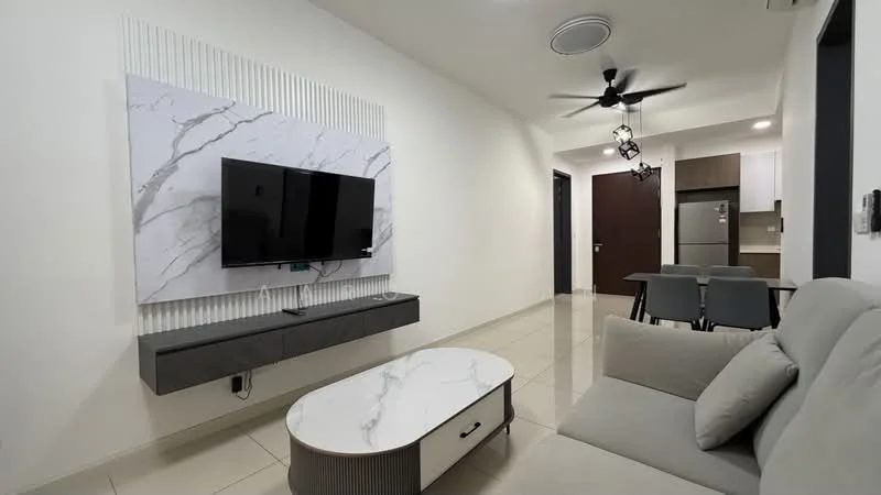 Living features: light grey fabric sofa, marble coffee table, wall-mounted TV, white feature wall with marble panel, recessed ceiling lights, 5-blade ceiling fan, cream tiled flooring, open layout to dining area, decorative wall paneling; style: modern.