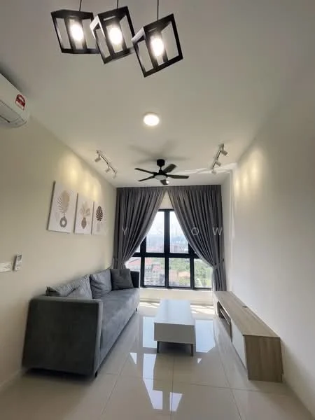 Living features: grey fabric sofa, coffee table, wall-mounted TV console, 5-blade ceiling fan with light, recessed LED downlights, floor-to-ceiling windows, sheer curtains, cream painted walls, glossy tile flooring; style: modern; view: city.