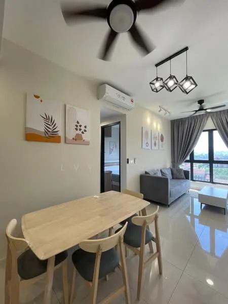 Living features: 5-blade ceiling fan with light, recessed LED downlights, grey fabric sofa, wooden dining table, 4 dining chairs, floor-to-ceiling windows, curtains, wall art with botanical prints, polished tile flooring, air conditioning unit; style: modern; view: city.