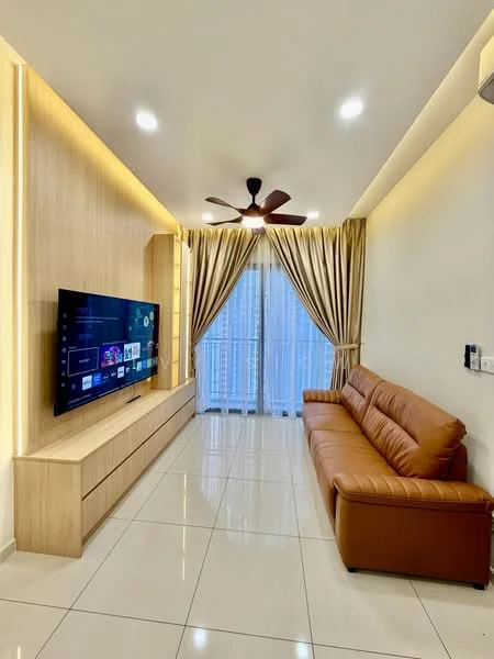 Living features: 3-seater leather sofa in brown, wall-mounted TV, TV console with wooden finish, recessed LED downlights, ceiling fan with 5 blades, floor-to-ceiling windows, sheer curtains, white tiled flooring, wooden accent wall, decorative wall lighting; style: modern; view: city.