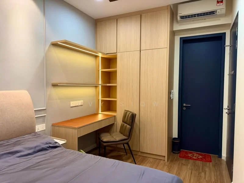 Bedroom features: queen-size bed with grey bedding, wooden headboard, built-in wardrobe with sliding doors, study desk with wooden surface, black leather chair, wall-mounted shelving, recessed lighting, air conditioning unit, wood laminate flooring, blue painted door; style: modern.