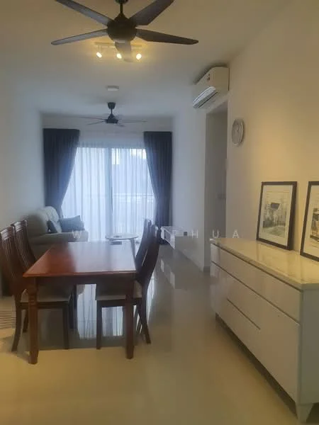 Dining features: 6-seater dining table, wooden dining chairs, ceiling fan with light, floor-to-ceiling windows, sheer curtains, light-colored walls, polished tile flooring, sideboard with drawers, decorative wall clock, sofa in light fabric, recessed ceiling lights; style: modern.