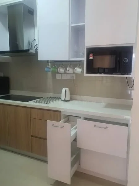 Kitchen features: white upper cabinets, wooden lower cabinets, stainless-steel sink, chrome pull-down faucet, built-in microwave, kettle, countertop with integrated sink, glass backsplash, kitchen island with storage, under-cabinet lighting, ceramic tile flooring; style: modern.