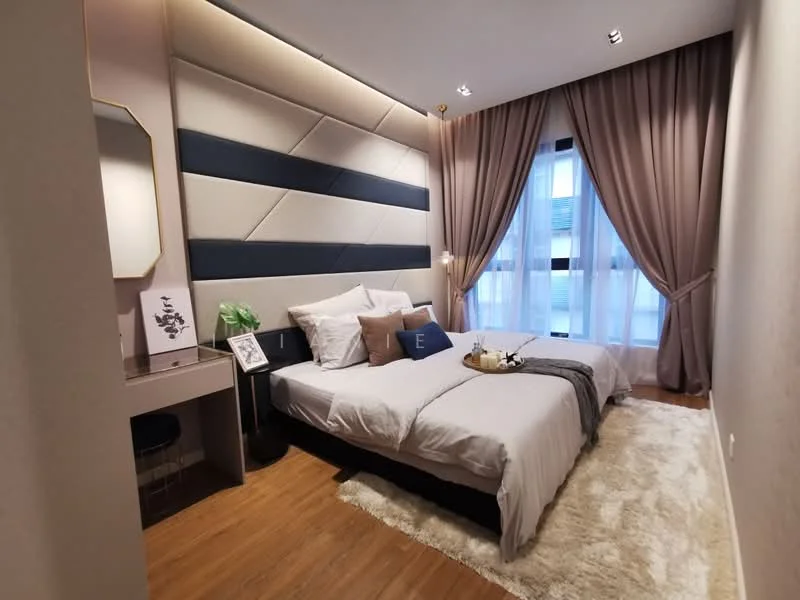 Bedroom features: queen-size bed, upholstered headboard, two bedside tables, decorative pillows, wall-mounted lamp, floor-to-ceiling windows, sheer curtains, dark wood flooring, area rug, dressing table with mirror, framed artwork, accent wall with geometric design, recessed lighting; style: modern.