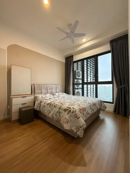 Bedroom features: king-size bed with upholstered headboard, floral patterned bedding, 2 bedside tables, 1 wall-mounted mirror, floor-to-ceiling windows, curtains, 3-blade ceiling fan, wooden flooring, air conditioning units visible; style: modern; view: city.