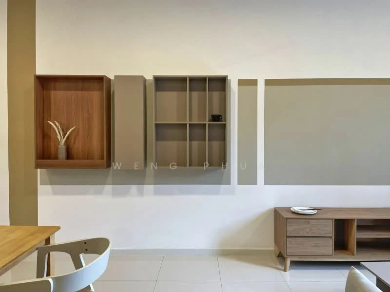 Room features: light beige painted walls, white wall with decorative shelving, wooden wall-mounted cabinet, grey wall-mounted cabinet, white ceramic decorative dish, light-colored flooring, wooden dining table, white dining chairs; style: modern.