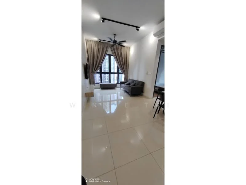 Living features: large floor-to-ceiling windows, grey fabric sofa, ceiling fan, recessed downlights, light-colored walls, glossy tile flooring, curtains, wall-mounted air conditioning unit, small coffee table, open layout, view of city skyline; style: modern; view: city.
