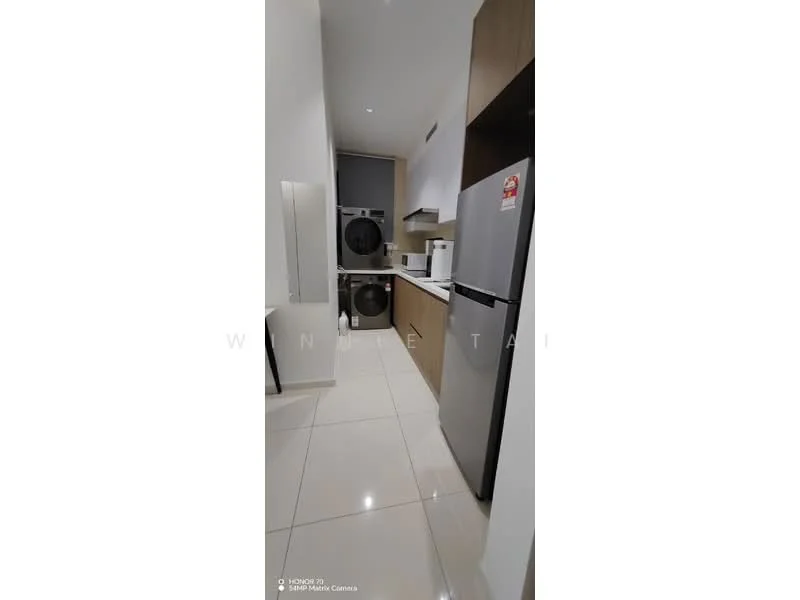Kitchen features: white painted walls, glossy tile flooring, brown cabinetry, stainless-steel fridge, built-in oven, 4-burner gas hob, white countertop, washing machine, dryer, under-cabinet lighting, open shelving; style: modern.