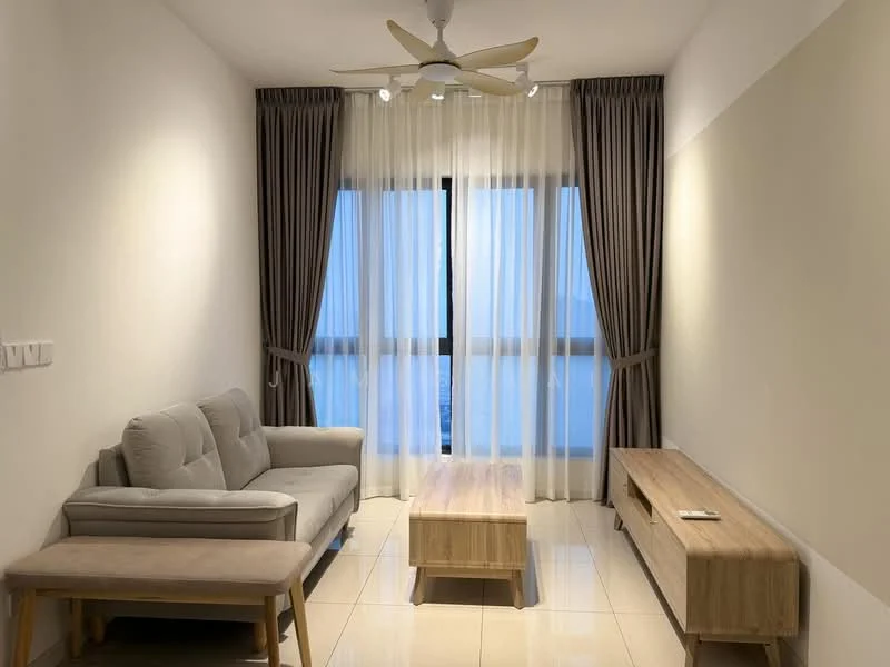 Living features: 3-seater fabric sofa in light grey, wooden coffee table, wooden TV console, floor-to-ceiling windows, sheer curtains, dark brown curtains, ceiling fan with light, glossy tile flooring, neutral painted walls, decorative wall with no visible artwork; style: modern; view: city.