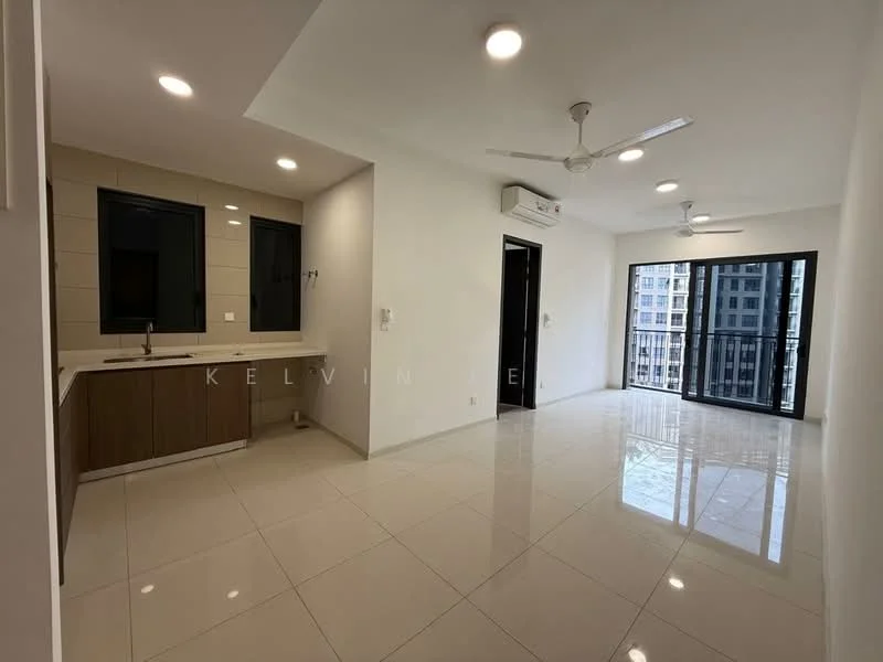 Living features: white painted walls, glossy ceramic tile flooring, 2 ceiling fans, floor-to-ceiling windows, black sliding glass door, air conditioning unit, neutral color cabinetry, kitchen countertop, open layout, natural light from windows; style: modern; view: city. Kitchen features: white cabinetry, kitchen countertop, sink, stainless-steel faucet, wall-mounted cabinets, tile backsplash; style: modern.
