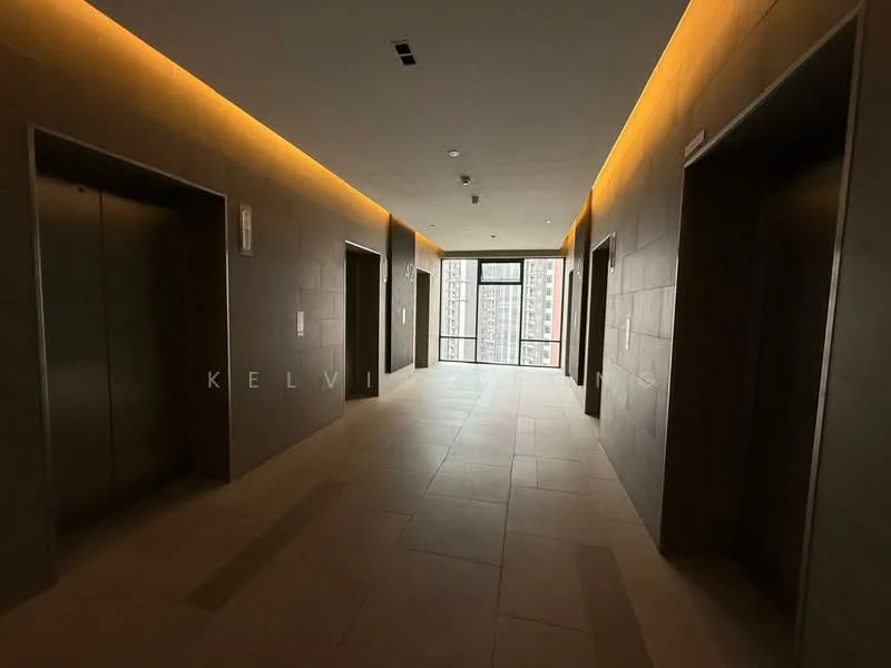 Room features: elevator doors, large windows, neutral tile flooring, recessed lighting, ambient lighting along walls, smooth wall surface, modern design, open corridor layout; style: modern; view: city.