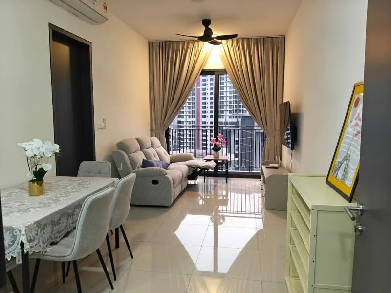 Living features: 3-seater fabric sofa in light grey, coffee table, wall-mounted TV, floor-to-ceiling windows, sheer curtains, 5-blade ceiling fan with light, polished ceramic tile flooring, decorative wall art, side table, potted plant; style: modern; view: city. Dining features: 6-seater dining table with lace tablecloth, upholstered dining chairs in grey, decorative centerpiece; style: modern; view: city.