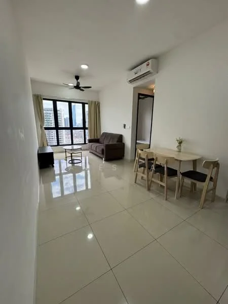 Living features: white painted walls, glossy tile flooring, 5-blade ceiling fan with light, floor-to-ceiling windows, curtains, brown fabric sofa, coffee table, dining table with 4 chairs, wall-mounted air conditioning unit; style: modern; view: city.