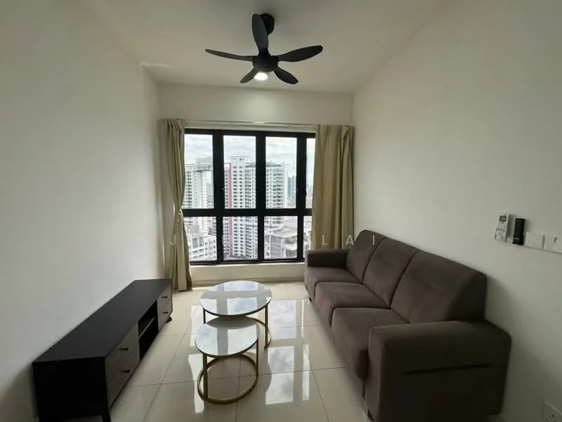 Living features: 3-seater fabric sofa in grey, coffee table with glass top, TV console in dark wood, floor-to-ceiling windows, curtains in light beige, ceiling fan with light, white painted walls, glossy tile flooring; style: modern; view: city.