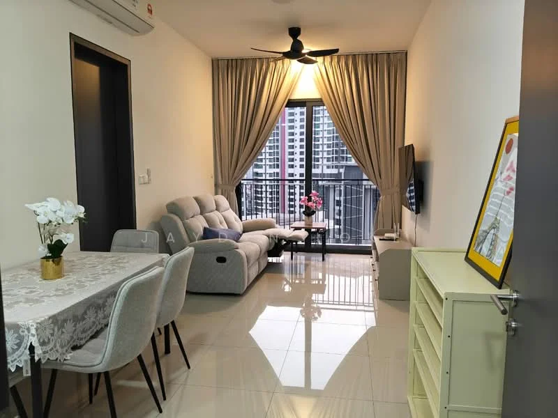 Living features: 3-seater fabric sofa in light grey, coffee table, wall-mounted TV, floor-to-ceiling windows, sheer curtains, recessed downlights, ceiling fan, glossy ceramic tile flooring, decorative wall art, potted plant, dining table with lace tablecloth, 4 upholstered dining chairs; style: modern; view: city.
