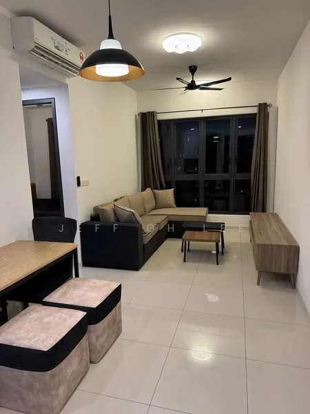 Living features: 3-seater fabric sofa in beige, coffee table, TV console, wall-mounted TV, area rug, floor-to-ceiling windows, curtains, ceiling fan, recessed downlights, white painted walls, glossy tile flooring, wooden sideboard; style: modern; view: city.