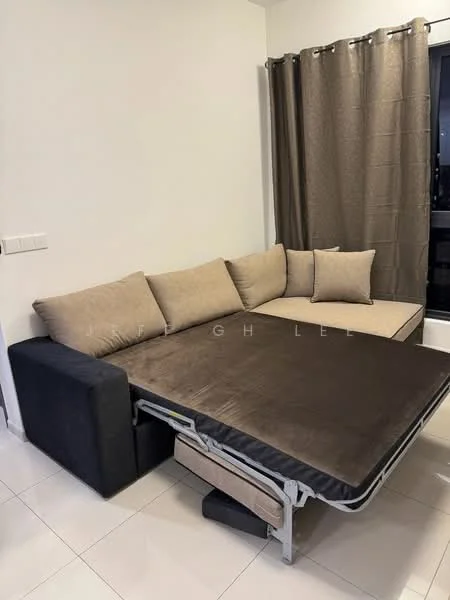 Living features: L-shape sectional sofa in beige fabric, throw pillows, dark grey armrest, fold-out bed mechanism, white painted walls, floor-to-ceiling window, dark curtains, glossy tile flooring; style: modern.