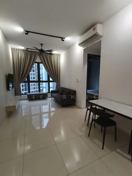 Living features: white painted walls, polished ceramic tile flooring, 5-blade ceiling fan with light, floor-to-ceiling windows, sheer curtains, blackout curtains, 3-seater fabric sofa in dark grey, wall-mounted TV, TV console, area rug, dining table with white top, 4 black dining chairs; style: modern; view: city.