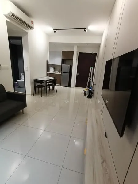 Living features: grey fabric sofa, wall-mounted TV, light wood TV console, recessed downlights, white painted walls, glossy tile flooring, air conditioning unit, track lighting, dining table with 4 chairs, kitchen area visible in background, fridge visible in kitchen area; style: modern.