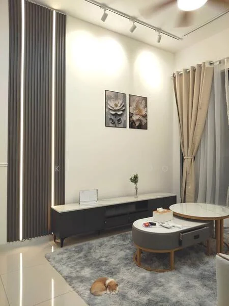 Living features: grey area rug, white circular coffee table, black TV console, wall-mounted artwork with floral designs, cream curtains, recessed lighting, vertical wall panels, ceiling fan, decorative plant, small dog on the floor; style: modern.